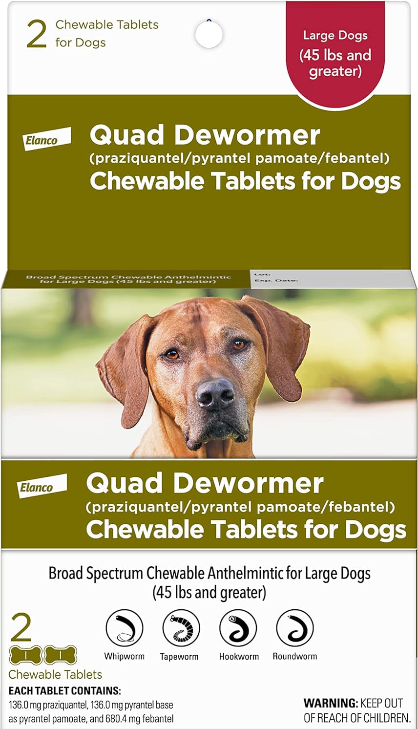 Box of Quad Dewormer Chewable Tablets for Dogs with a dog on the label