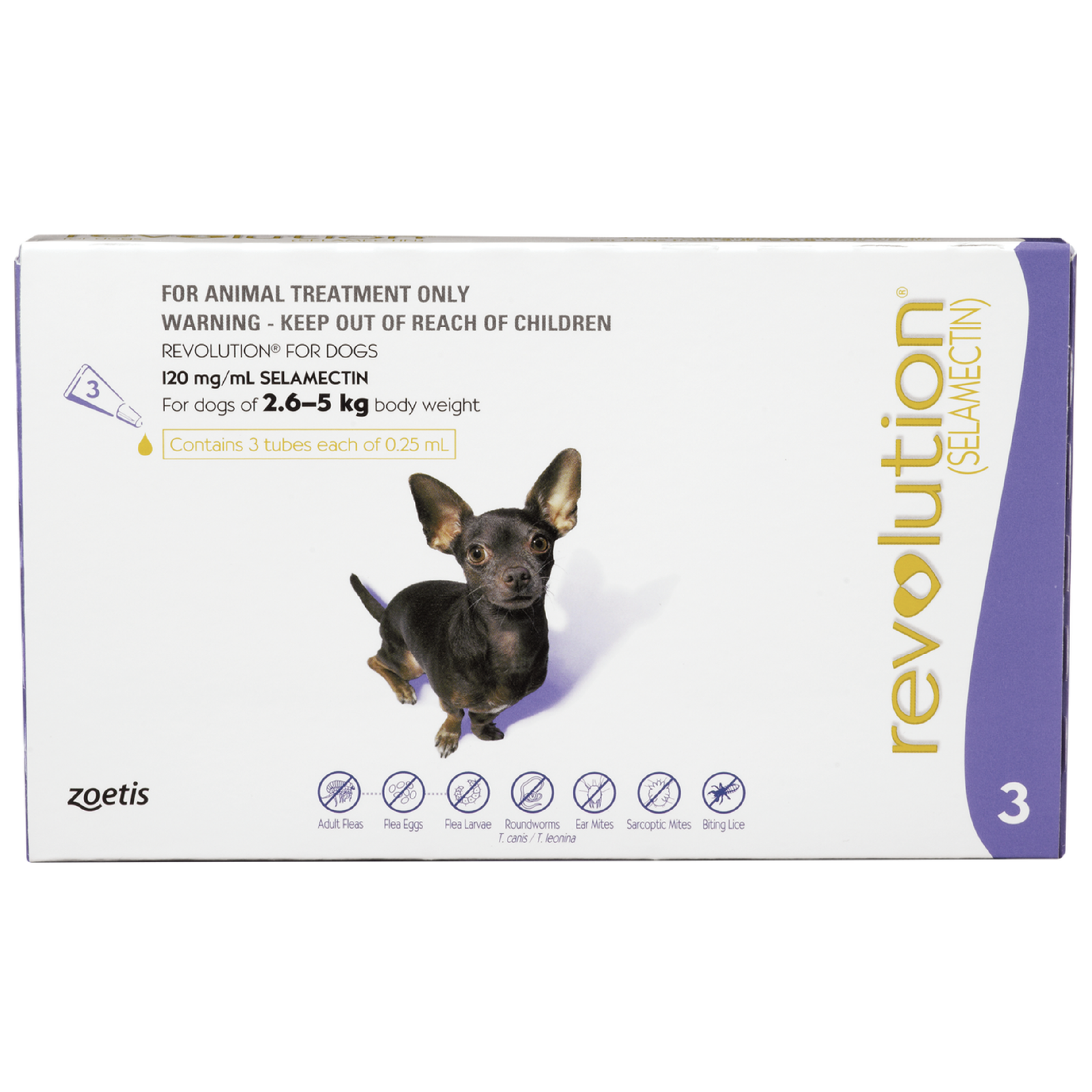 Revolution for dogs packaging with a small dog illustration on a white background