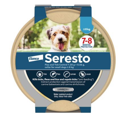 Packaging image of a Seresto® Flea & Tick Collar for Dogs under 18lbs