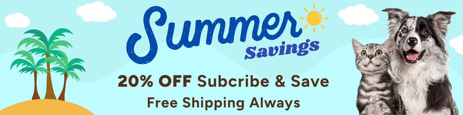 Promotional banner with a dog and cat, palm trees, and 'Summer Savings' text on a blue background. Best flea treatment for dogs and cats