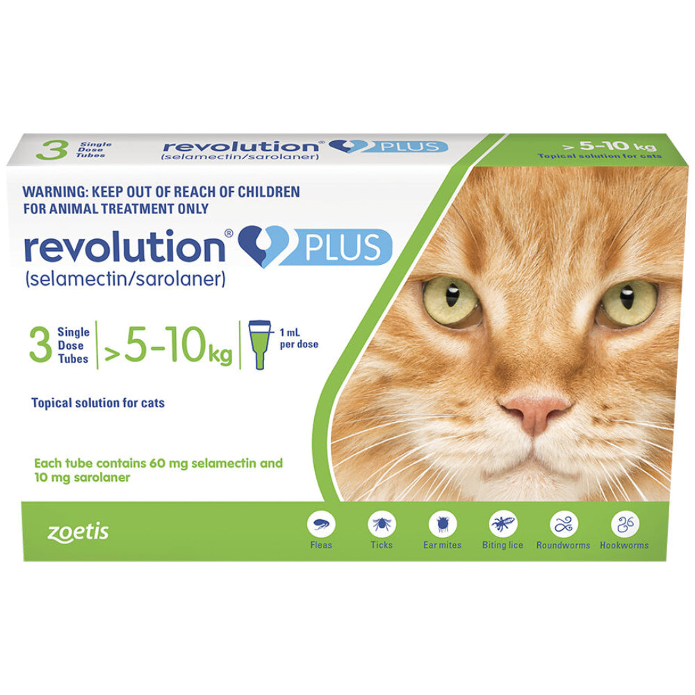 Box packaging for Revolution Plus Topical Solution for Cats, featuring an image of a cat and details of the product.