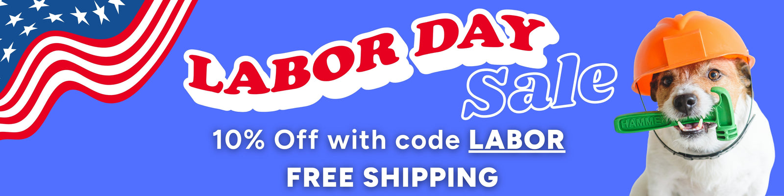 banner representing the FleaTickWorm Labor day sale Cute jack russel holding  hammer in mout wearing hardhat