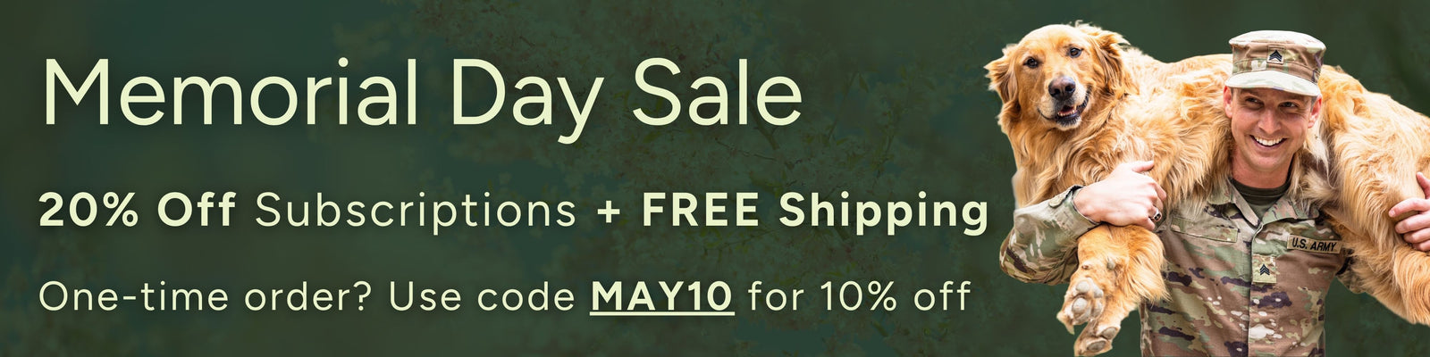 Memorial Day Sale advertisement with a military person and dog on a green background