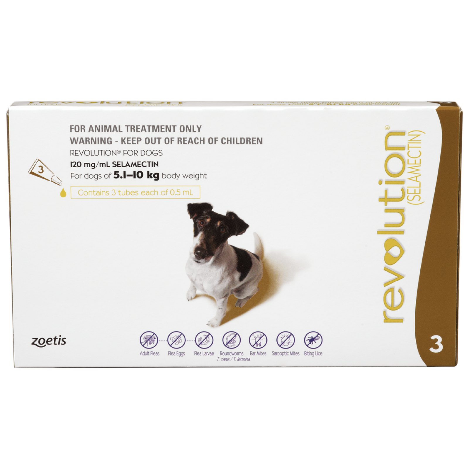 Revolution for dogs packaging with a small dog illustration on a white background buy online at fleatickworm no prescription needed