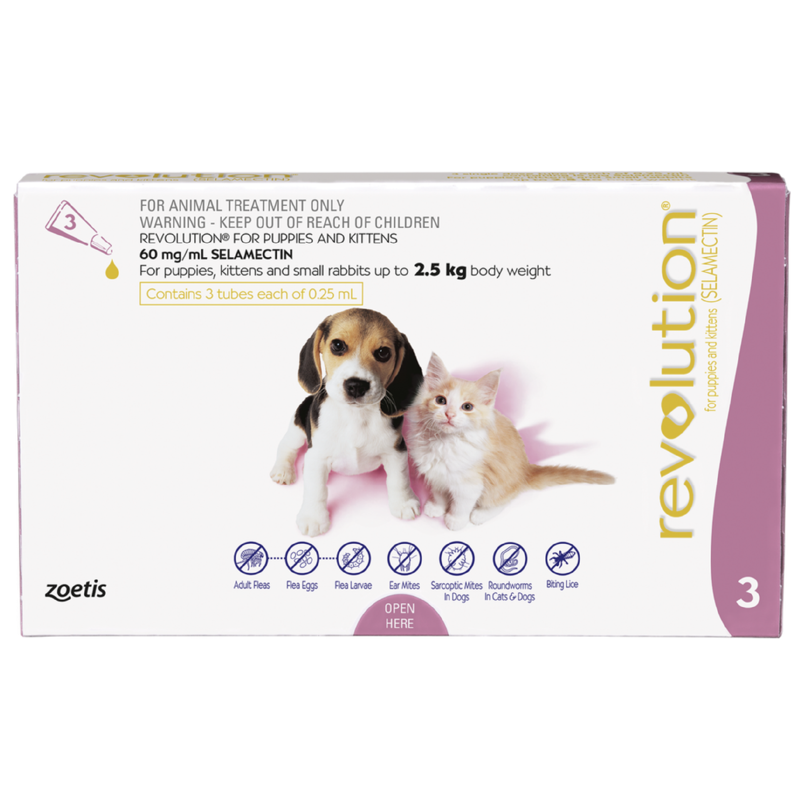 Revolution treatment box for pets with a dog and cat on a white background. Buy best puppy flea and wormer online 
