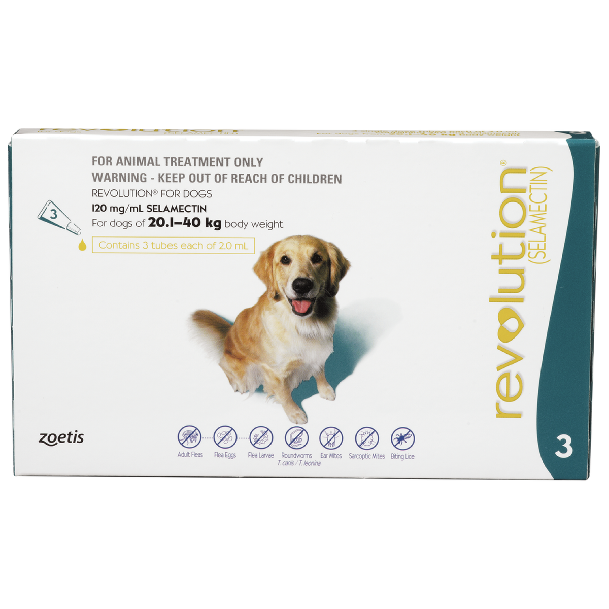 Revolution for dogs packaging with a dog illustration on a white background. Buy best flea treatment for dogs no vet visited required
