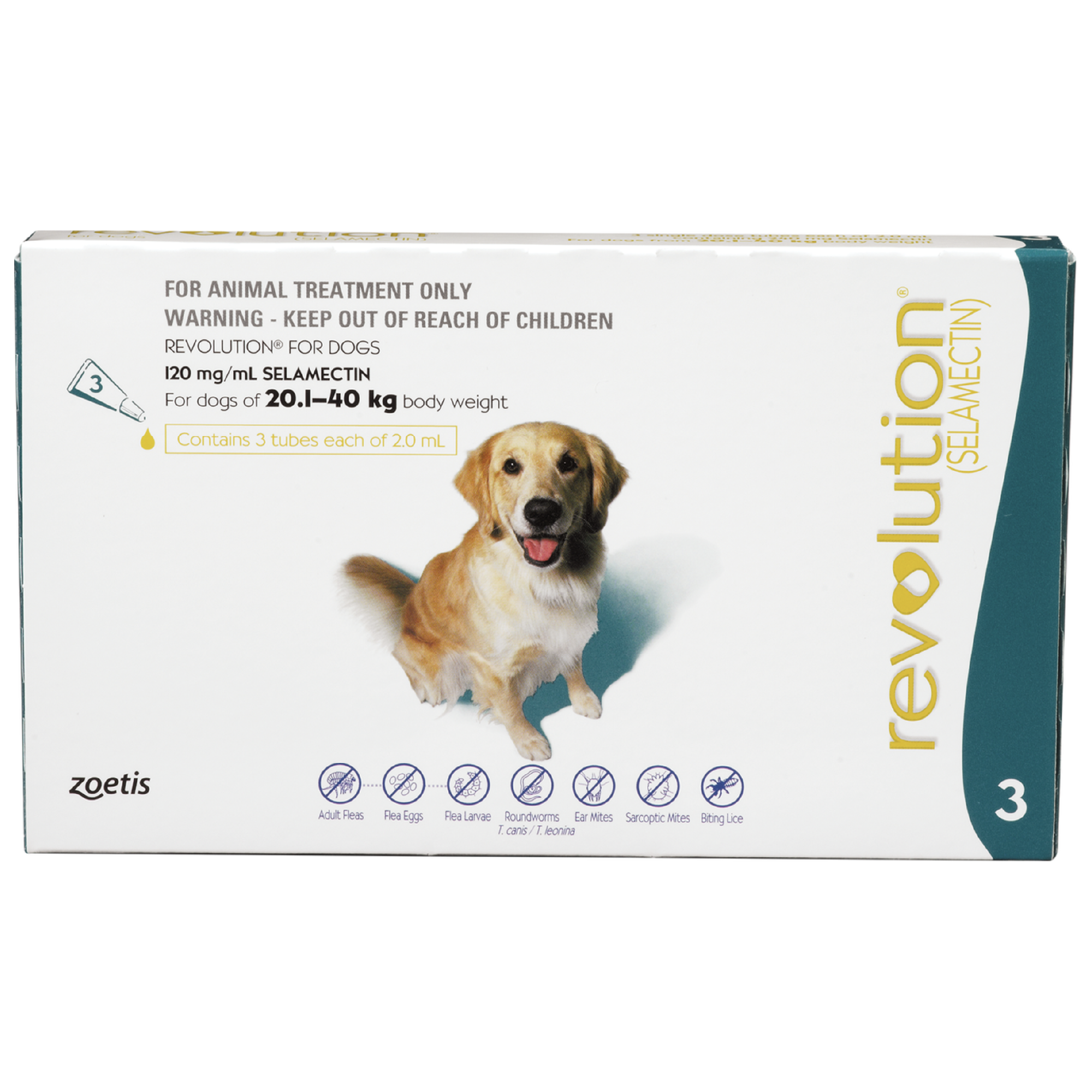 Revolution for dogs packaging with a dog illustration on a white background. Buy best flea treatment for dogs no vet visited required
