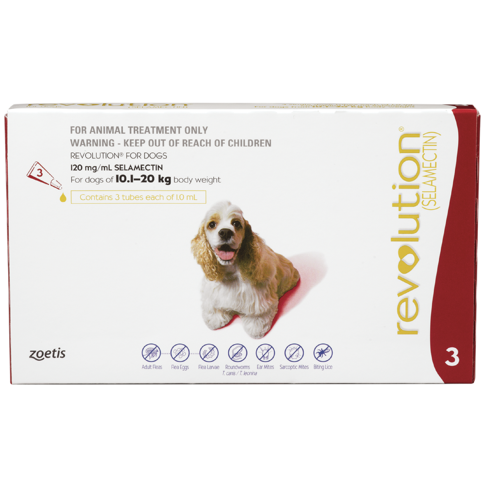 Revolution for dogs packaging with a dog illustration on a white background. This is vet flea treatment and worming prevention  best one for dogs buy it online.