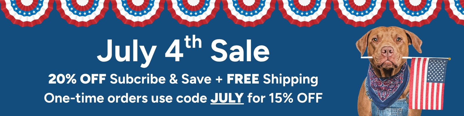 Promotional banner for July 4th Sale with a dog holding an American flag and text about discounts.