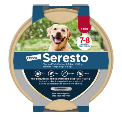 Packaging image of a Seresto® Flea & Tick Collar for Dogs over 18lbs