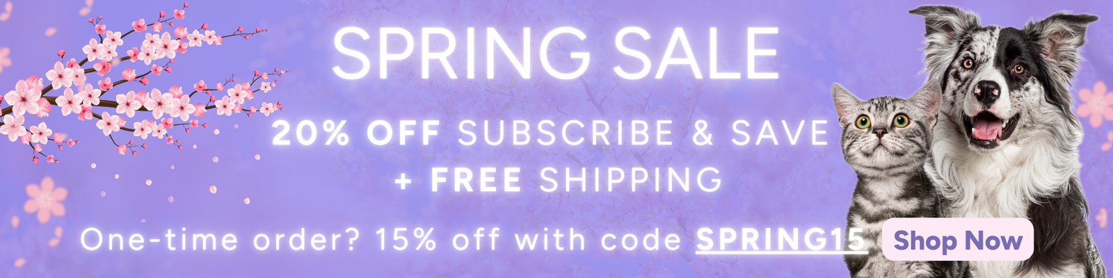 Promotional banner for a spring sale with a dog and cat, cherry blossoms, and text on a purple background.