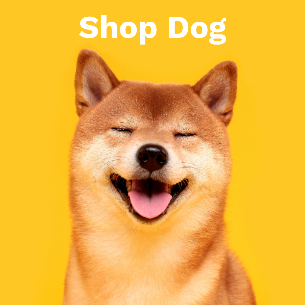 A happy dog on a yellow background with the header "Shop Dog". The dog's name is Sugar and if you click on here you will go to the product page for premium vet-quality parasite protection, no prescription needed and fast shipping.